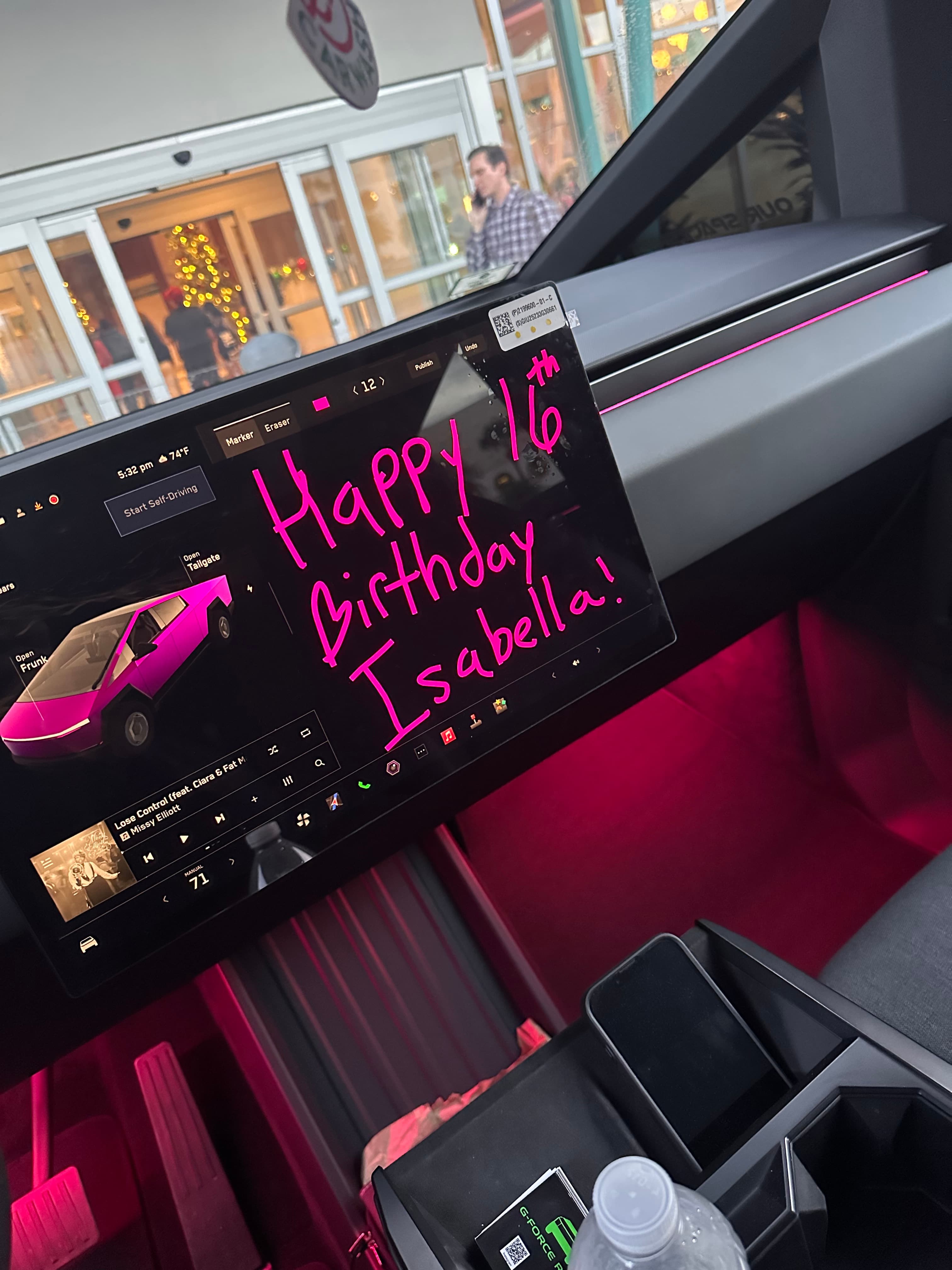 Happy Birthday Isabella written on the Cybertruck tailgate