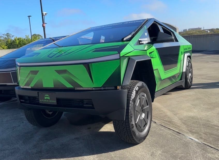 G-Force Ridez Megatron 4000 — green and black geometric-wrapped Cybertruck