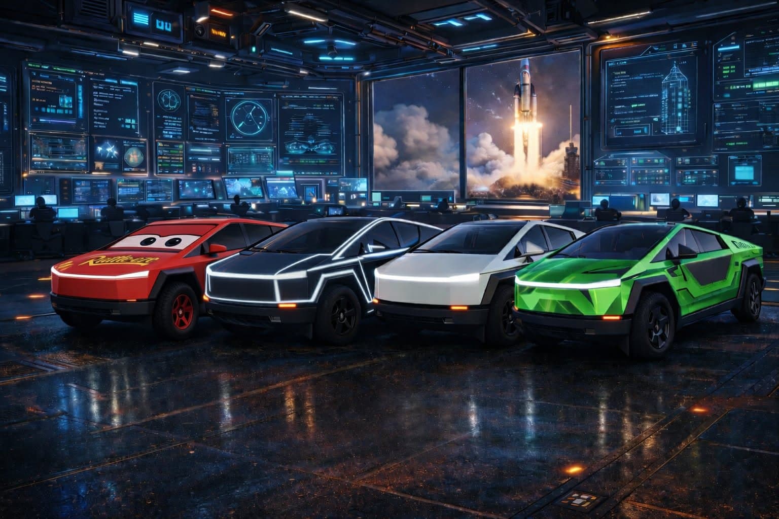 G-Force Ridez fleet — the Red 67 Racing Unit Cybertruck flanked by command-grade chrome, signature white, and electric-lime units inside the launch hangar